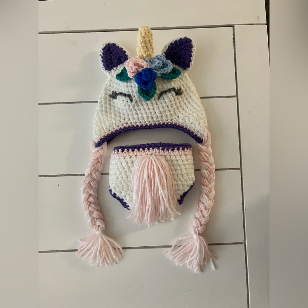Handmade Unicorn crocheted Hat and Diaper Cover Set